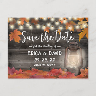 Autumn Leaves & Lantern Fall Wedding Save the Date Announcement Postcard