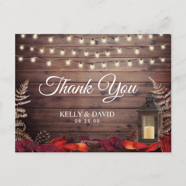 Autumn Leaves & Lantern Fall Wedding Thank You Postcard (Front)