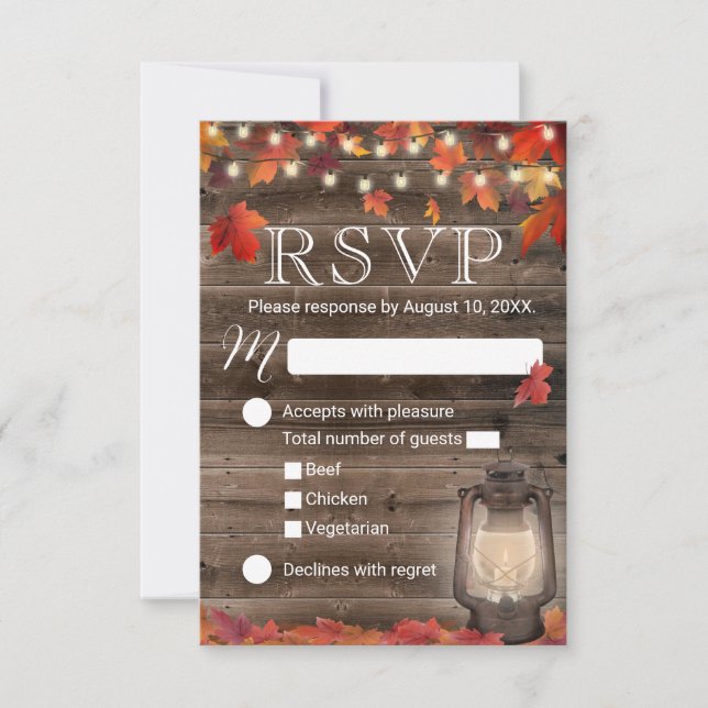 Autumn Leaves Lantern Rustic Fall Wedding RSVP (Front)