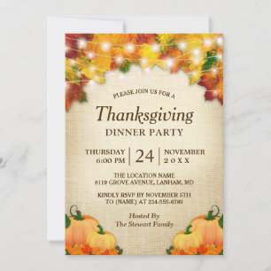 Autumn Leaves Lights Burlap Thanksgiving Dinner Invitation