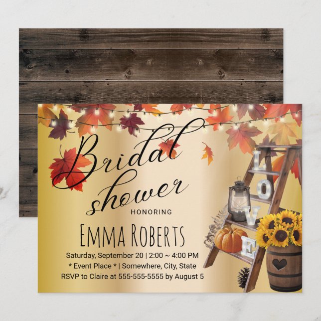 Autumn Leaves Love Ladder Gold Bridal Shower Invitation (Front/Back)