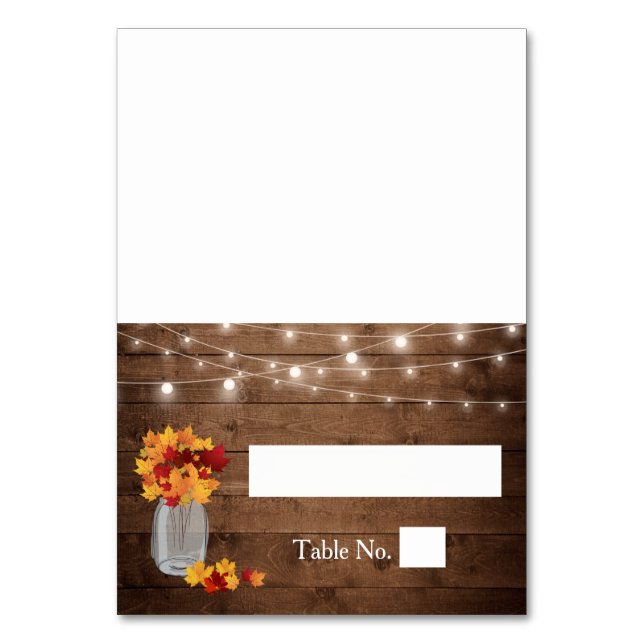 Autumn Leaves Mason Jar Lights Wood Wedding Place Table Number (Front)