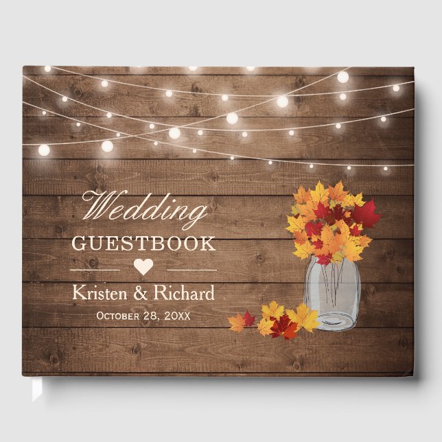 Autumn Leaves Mason Jar Rustic Wood Lights Wedding Guest Book (Front)