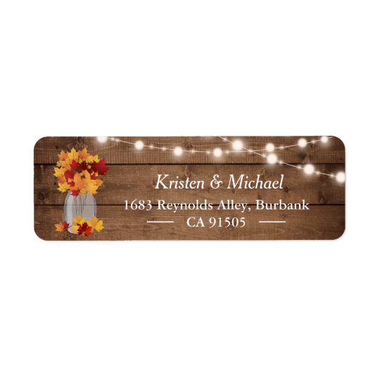 Autumn Leaves Mason Jar String Lights Rustic Wood Return Address Label