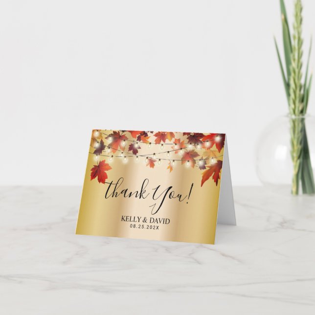 Autumn Leaves Modern Gold Fall Wedding Thank You (Front)