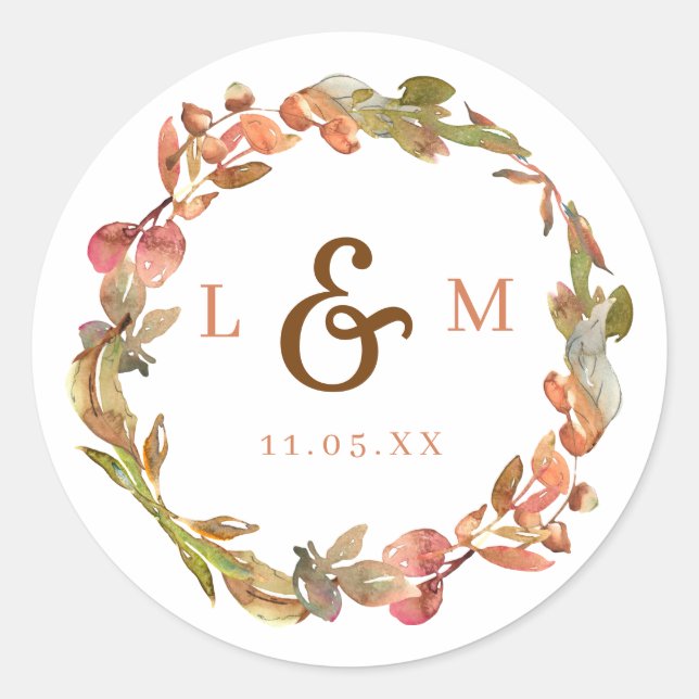 Autumn Leaves Monogram Wedding Classic Round Sticker (Front)