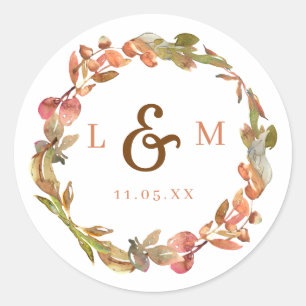 Autumn Leaves Monogram Wedding Classic Round Sticker