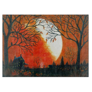 Autumn,leaves,moon,barn,house,owl Cutting Board