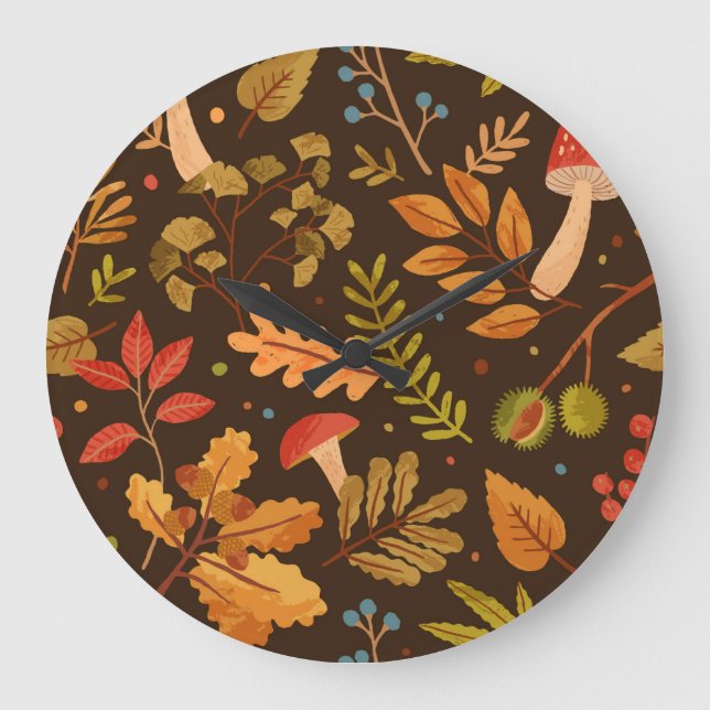Autumn Leaves Mushrooms Vintage Pattern Large Clock (Front)