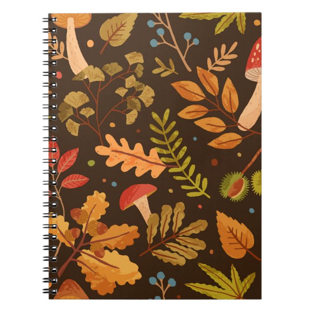 Autumn Leaves Mushrooms Vintage Pattern Notebook (Front)