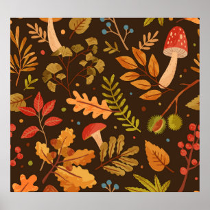 Autumn Leaves Mushrooms Vintage Pattern Poster