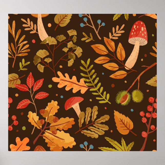 Autumn Leaves Mushrooms Vintage Pattern Poster (Front)