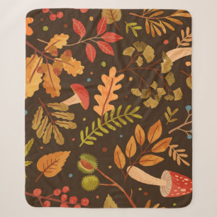 Autumn Leaves Mushrooms Vintage Pattern Sherpa Blanket