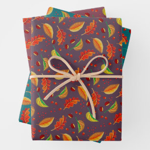 Autumn Leaves Nuts Chestnuts Pattern Elegant Fall Wrapping Paper Sheet