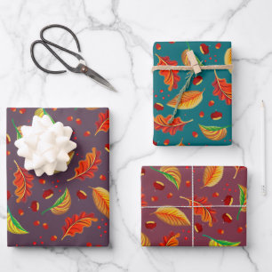  Autumn Leaves Nuts Chestnuts Pattern Elegant Fall Wrapping Paper Sheet