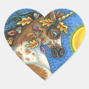 AUTUMN LEAVES ON A UNICORN STALLION, REARING HORSE HEART STICKER
