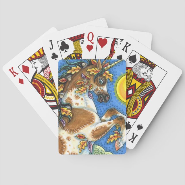 AUTUMN LEAVES ON A UNICORN STALLION, REARING HORSE PLAYING CARDS (Back)