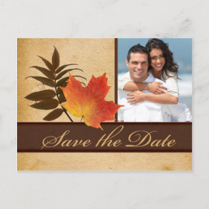 Autumn Leaves on Aged Paper Photo Save the Date Announcement Postcard