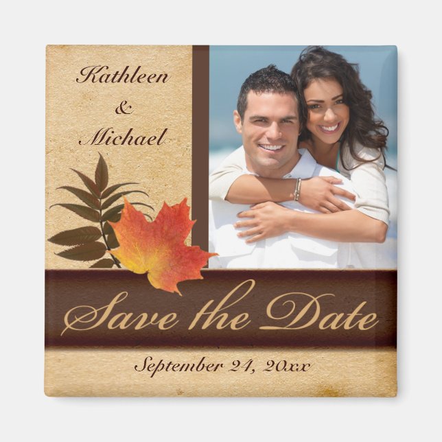 Autumn Leaves on Aged Paper Photo Save the Date Magnet (Front)