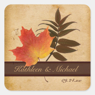 Autumn Leaves on Aged Paper Square Wedding Sticker