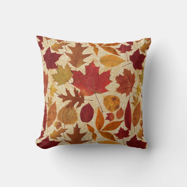 Autumn Leaves on Beige Damask Cushion (Front)