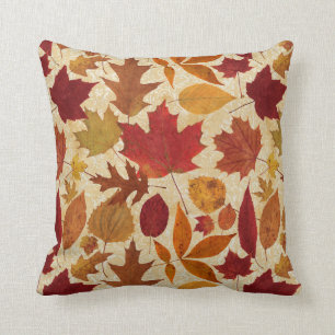 Autumn Leaves on Beige Damask Cushion