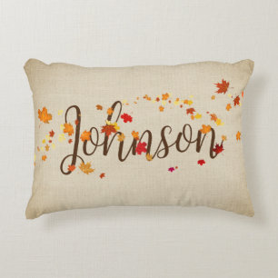 Autumn Leaves on Burlap with Last Name Decorative Cushion