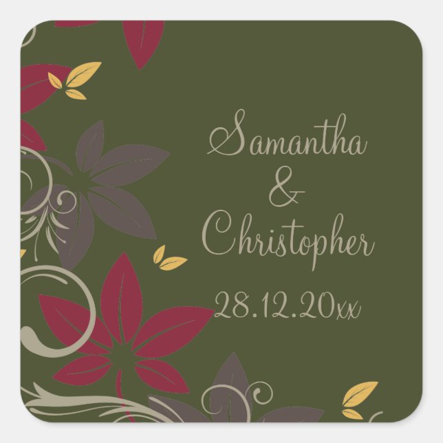Autumn Leaves on Green Wedding Square Sticker (Front)