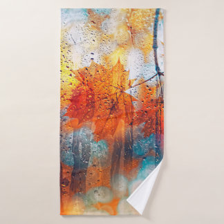 autumn leaves on rainy glass texture. concept of f bath towel
