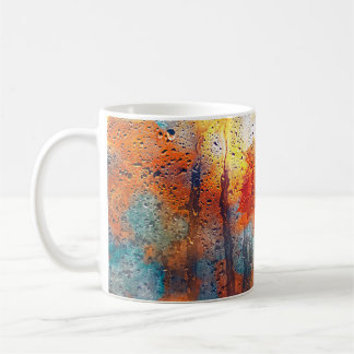 autumn leaves on rainy glass texture. concept of f coffee mug