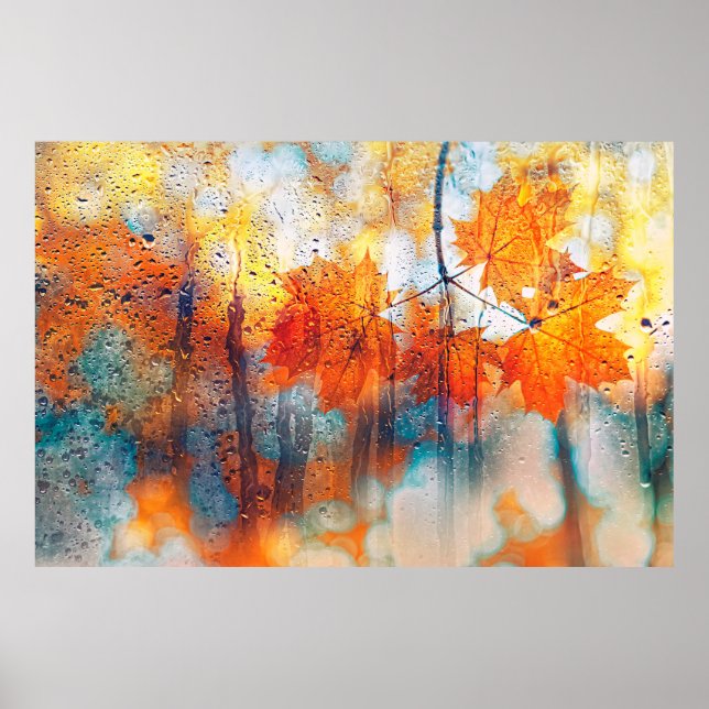 autumn leaves on rainy glass texture. concept of f poster (Front)