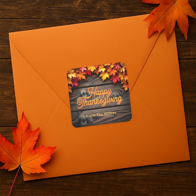 Autumn Leaves on Rustic Wood Happy Thanksgiving  Square Sticker (Creator Uploaded)