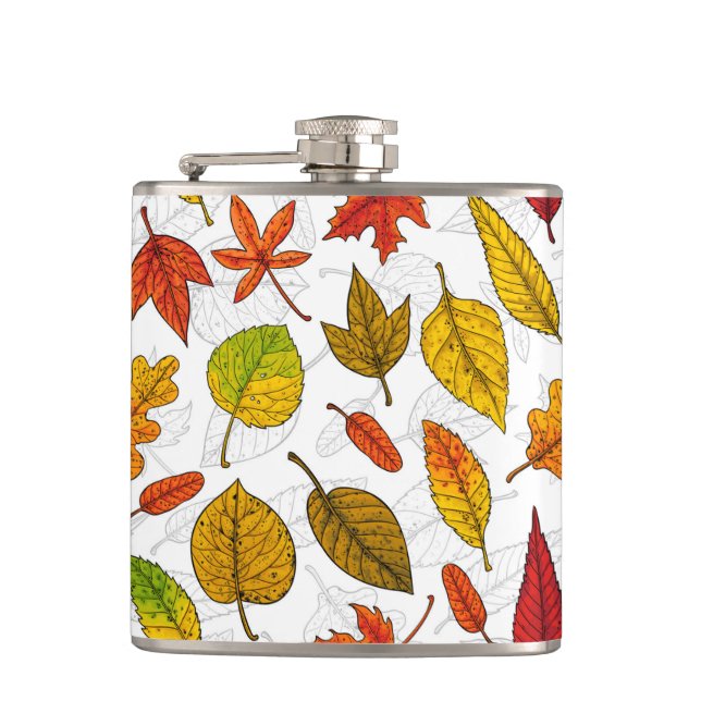 Autumn leaves on white hip flask (Front)