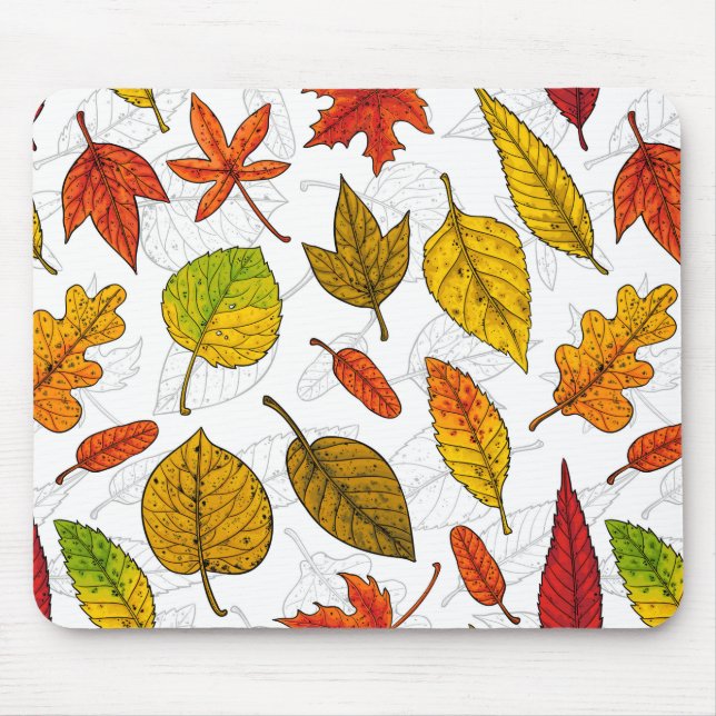 Autumn leaves on white mouse mat (Front)