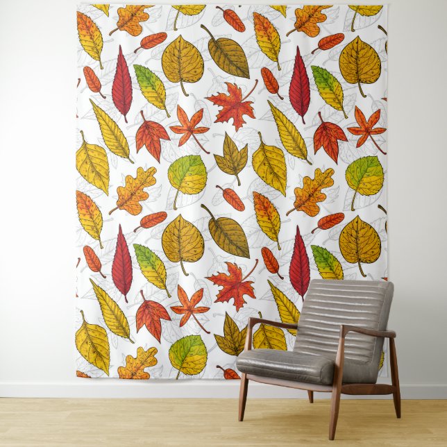 Autumn leaves on white tapestry (In Situ)