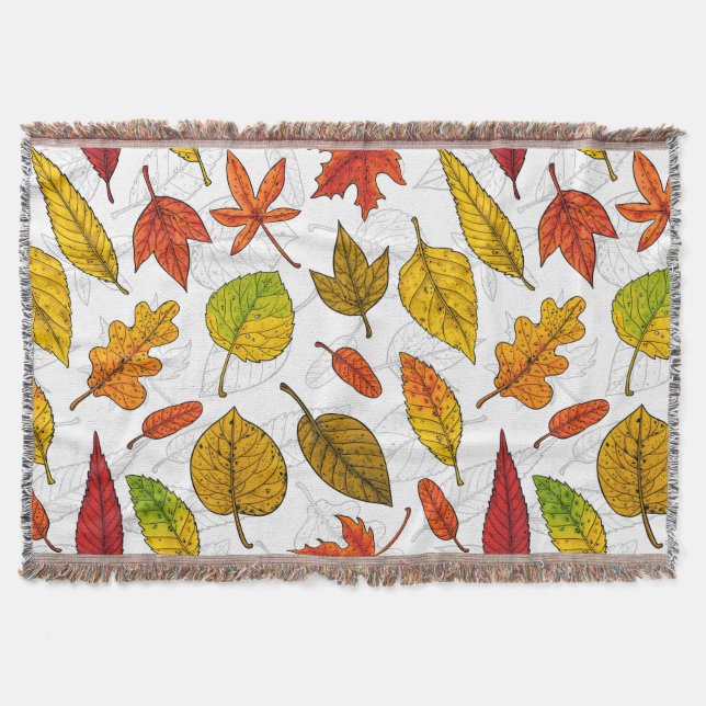 Autumn leaves on white throw blanket (Front)