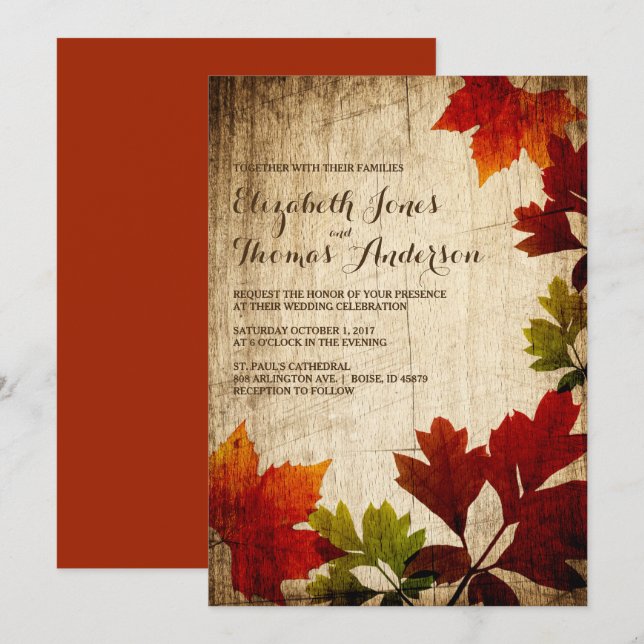 Autumn Leaves on Wood Rustic Fall Wedding Invitation (Front/Back)