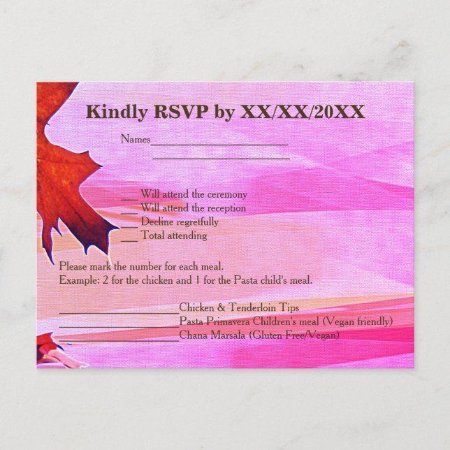 Autumn Leaves Orange Swirl Pink RSVP Menu Postcard (Front)