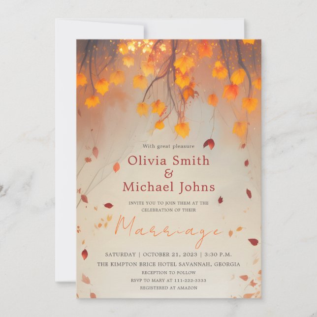 Autumn Leaves Orange Watercolor Fall Wedding Invitation (Front)