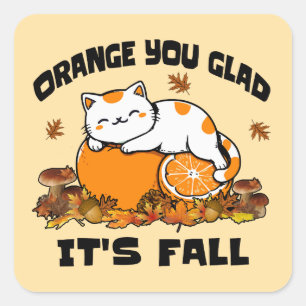 Autumn Leaves Orange You Glad It's Fall Funny Cat  Square Sticker