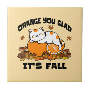 Autumn Leaves Orange You Glad It's Fall Funny Cat Tile