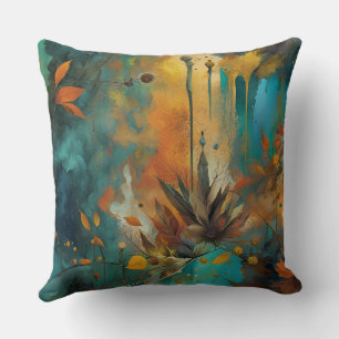 Autumn Leaves paint Teal Rust Gold Abstract Cushion