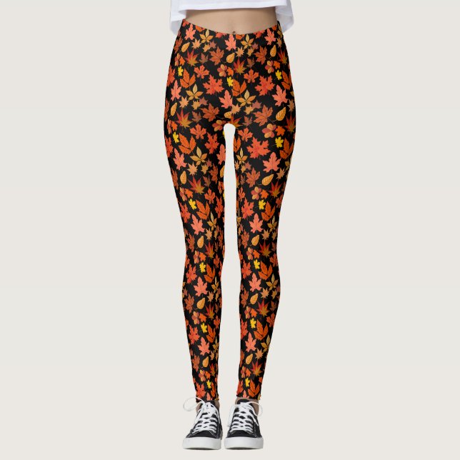 Autumn Leaves Pattern 01x4b Black BG Leggings (Front)