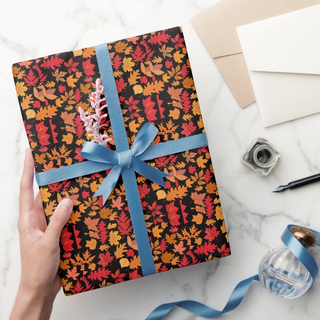 Autumn leaves pattern 02 Black BG Wrapping Paper (Gifting)