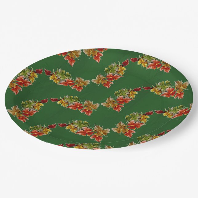 Autumn Leaves Pattern Green Paper Plates (Angled)