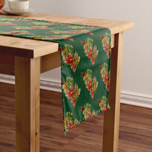 Autumn Leaves Pattern Green Table Runner (In Situ)