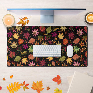 Autumn Leaves Pattern on Black Desk Mat