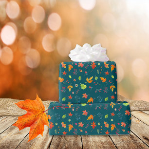 Autumn Leaves Pattern Watercolor Green Wrapping Paper