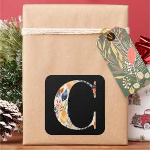 Autumn Leaves Patterned Letter C Black Initial Square Sticker