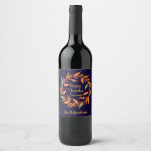 Autumn Leaves Personalised Happy Thanksgiving Wine Label